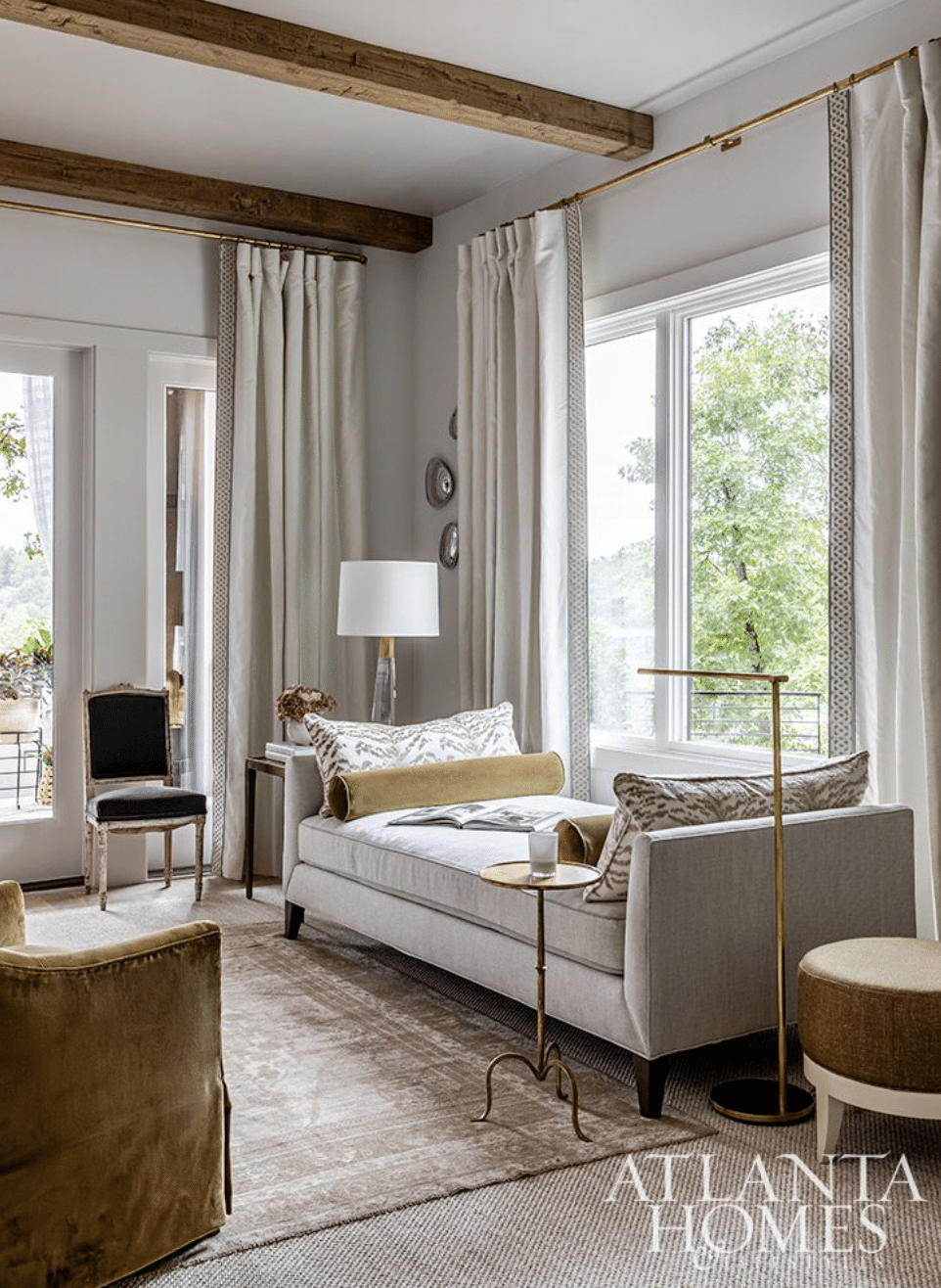 Ashley Miller Design - Jeff Herr Photography - living room, living room design, living room decor, wood beams, brass floor lamp