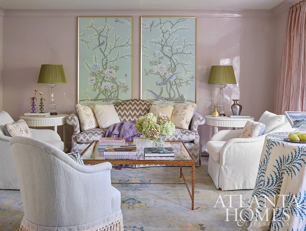 Source: Atlanta Homes & Lifestyles Magazine Photography: Emily Followill Stylist: Thea Beasley - Beautiful foyer with staircase The transformation of a 1960s ranch by Architect Norman Askins and Bradford Lowry Interiors  is a beautiful family-friendly home remodel. living room in pink
