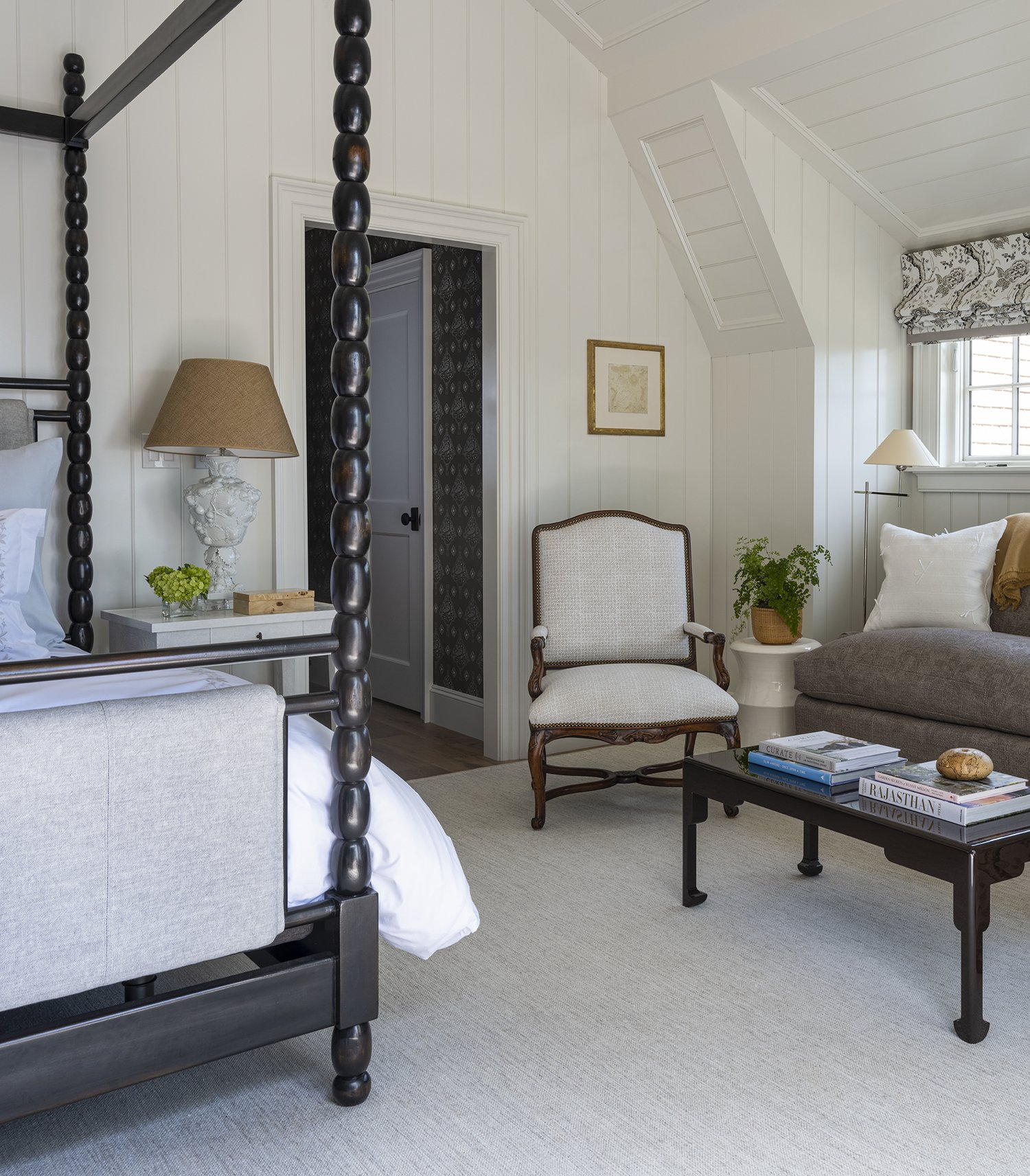 Primary bedroom with black 4-poster bed - Honey Collins Interiors and Patrick Ahearn Architect - Sarah Winchester Photography