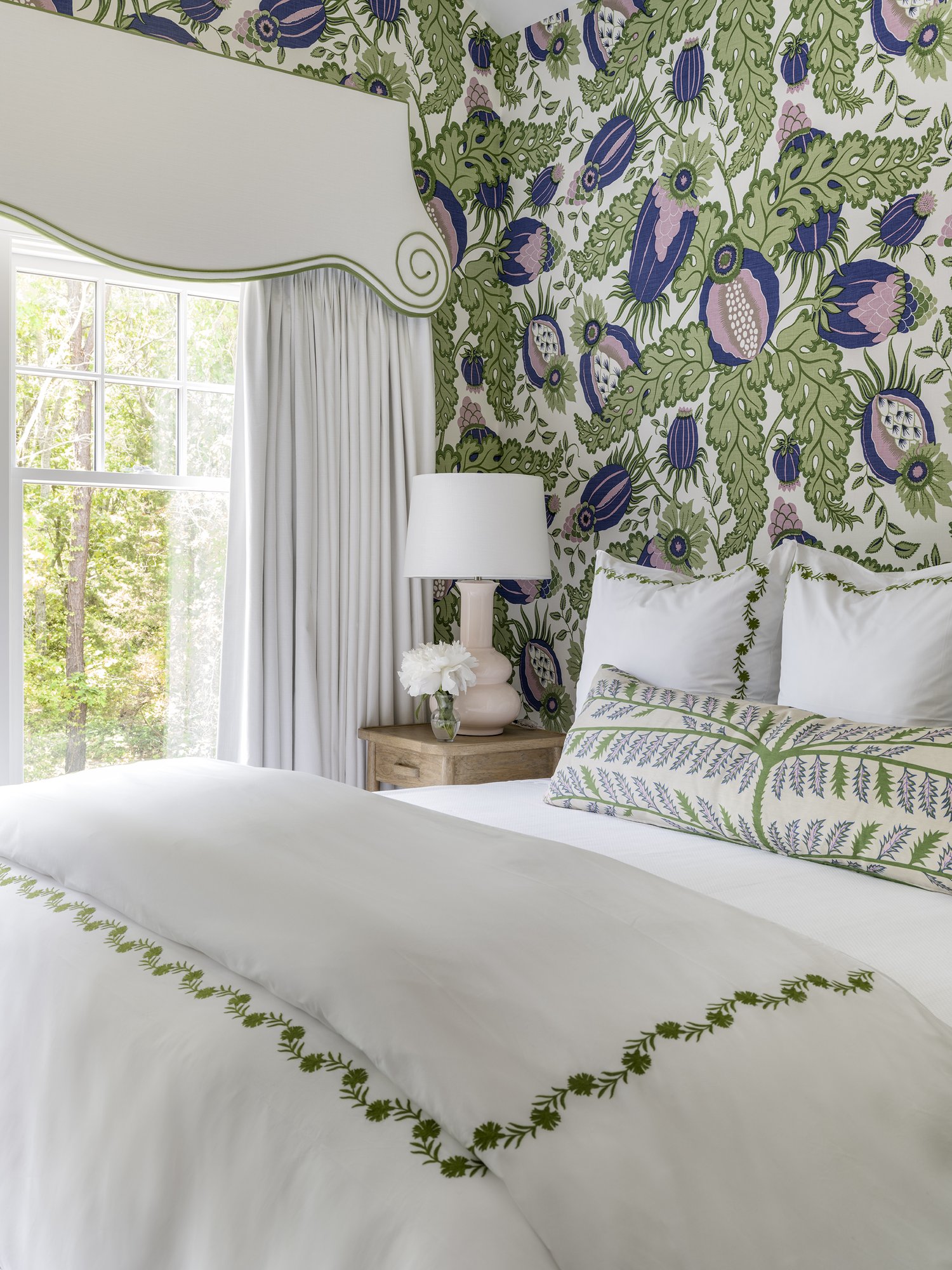 Charming green and white bedroom with colorful wallpaper - Honey Collins Interiors and Patrick Ahearn Architect - Sarah Winchester Photography - STUNNING CAPE COD HOME - 