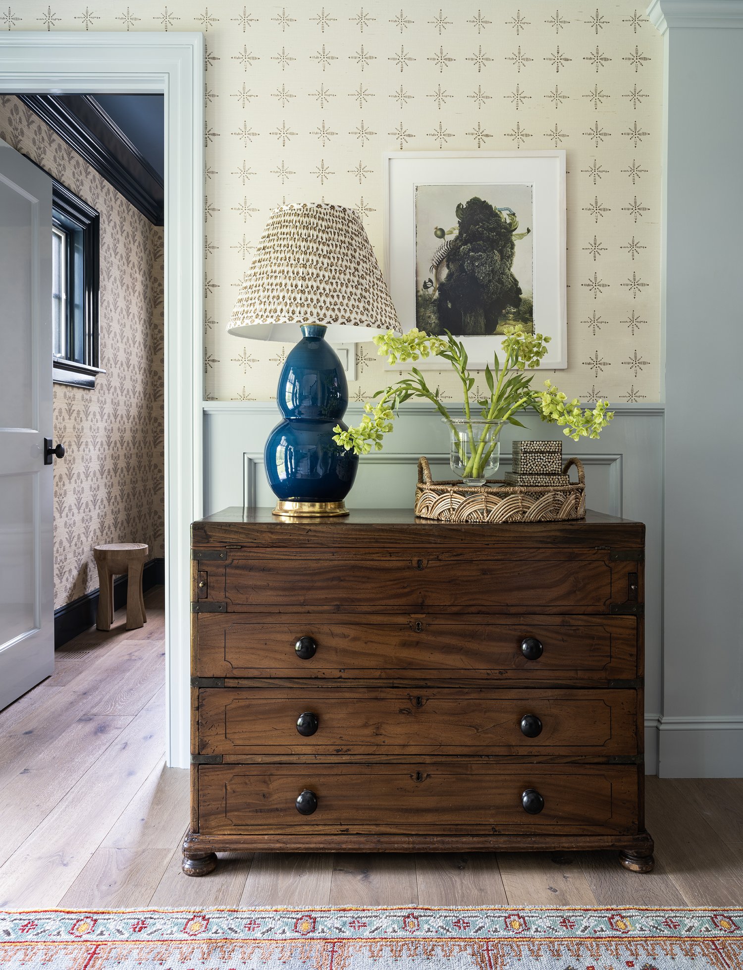 Honey Collins Interiors and Patrick Ahearn Architect - Sarah Winchester Photography - Cape Cod home with beautiful foyer with antique chest