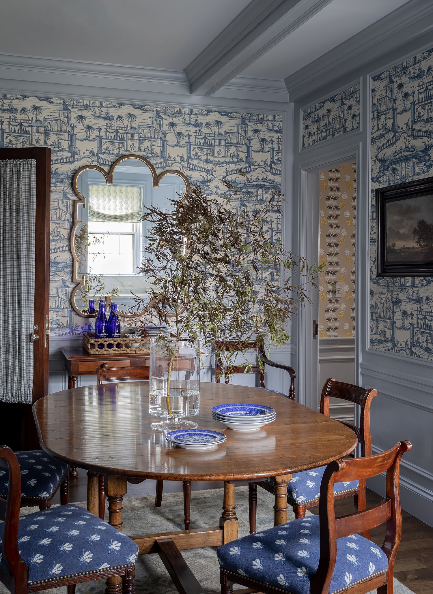 Beautiful dining room with painted beams and stunning wallpaper. Designed by the talented Honey Collins, Pauli & Uribe Architects,Builder: F.H. Perry,Photography: Michael J. Lee