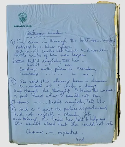 Along with vintage photos, you will even find a framed copy of Paul McCartney's lyrics for "Bathroom Window" penned on the Potlatch Club notepaper.