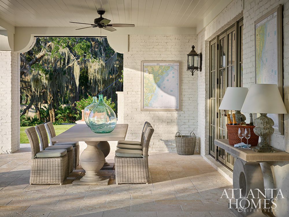 Who couldn’t help but fall in love at first sight with this stunning Sea Island home? In calming colors and soothing tones, this home is nothing short of a sanctuary–with views for day. Atlanta Homes & Lifestyles Interior Designer: Courtney Giles Interiors,  Architect: Josh G. Youngner Architect, Builder: The Van Waters Company, Original Architect: Thomas Thaddeus Truett Architect, 