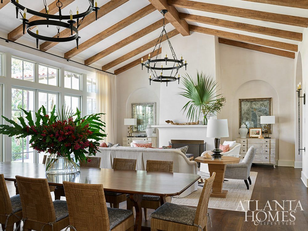 Who couldn’t help but fall in love at first sight with this Sea Island retreat? In calming colors and soothing tones, this home is nothing short of a sanctuary–with views for day. Atlanta Homes & Lifestyles Interior Designer: Courtney Giles Interiors,  Architect: Josh G. Youngner Architect, Builder: The Van Waters Company, Original Architect: Thomas Thaddeus Truett Architect, 